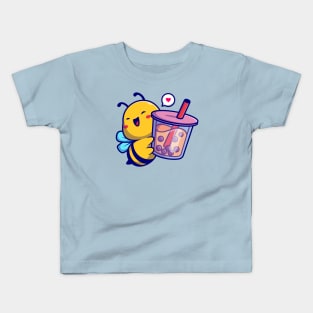 Cute Bee Holding Boba Milk Tea Drink Cartoon Kids T-Shirt